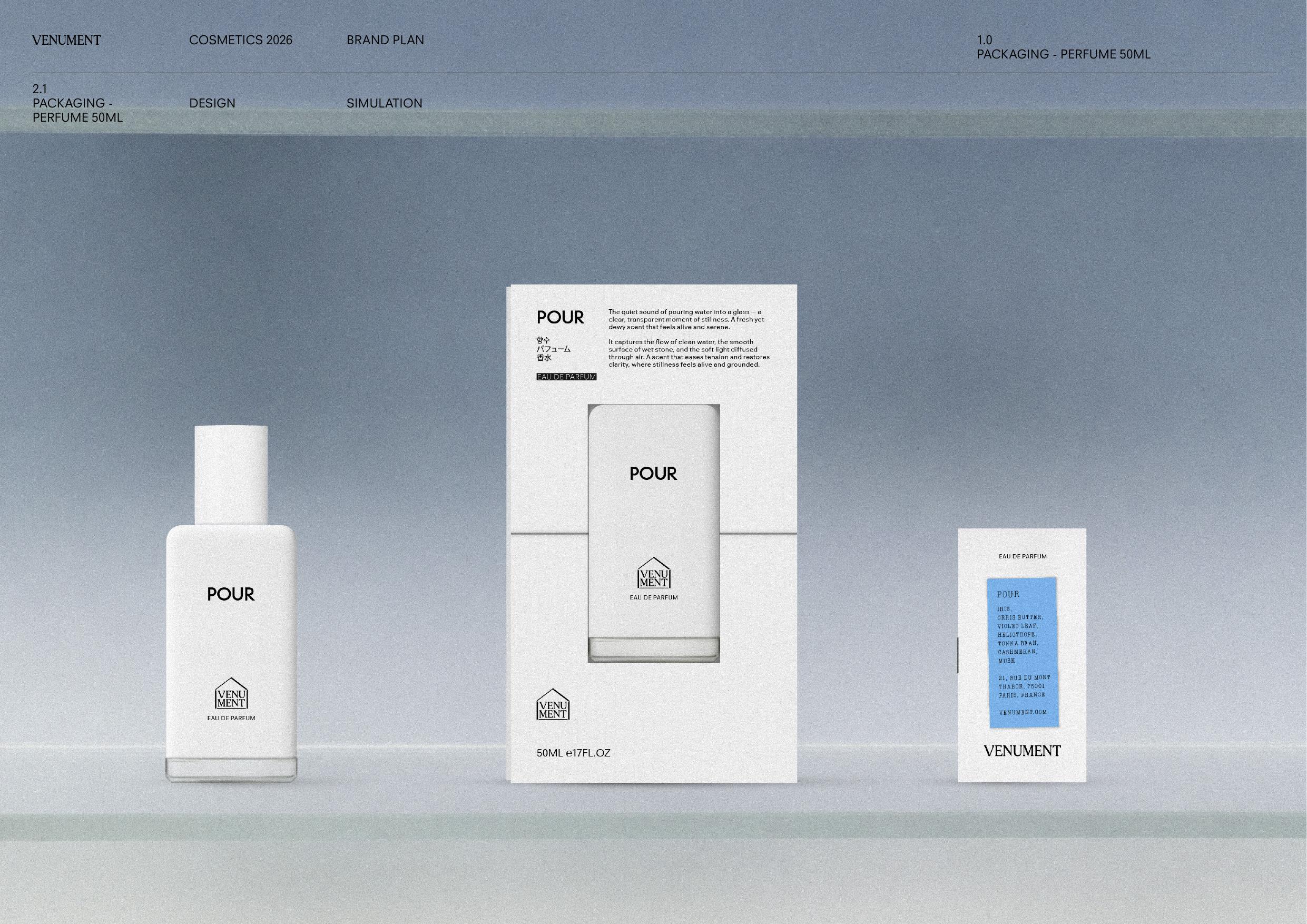 Packaging simulation — bottle, outer box with copy, and back card