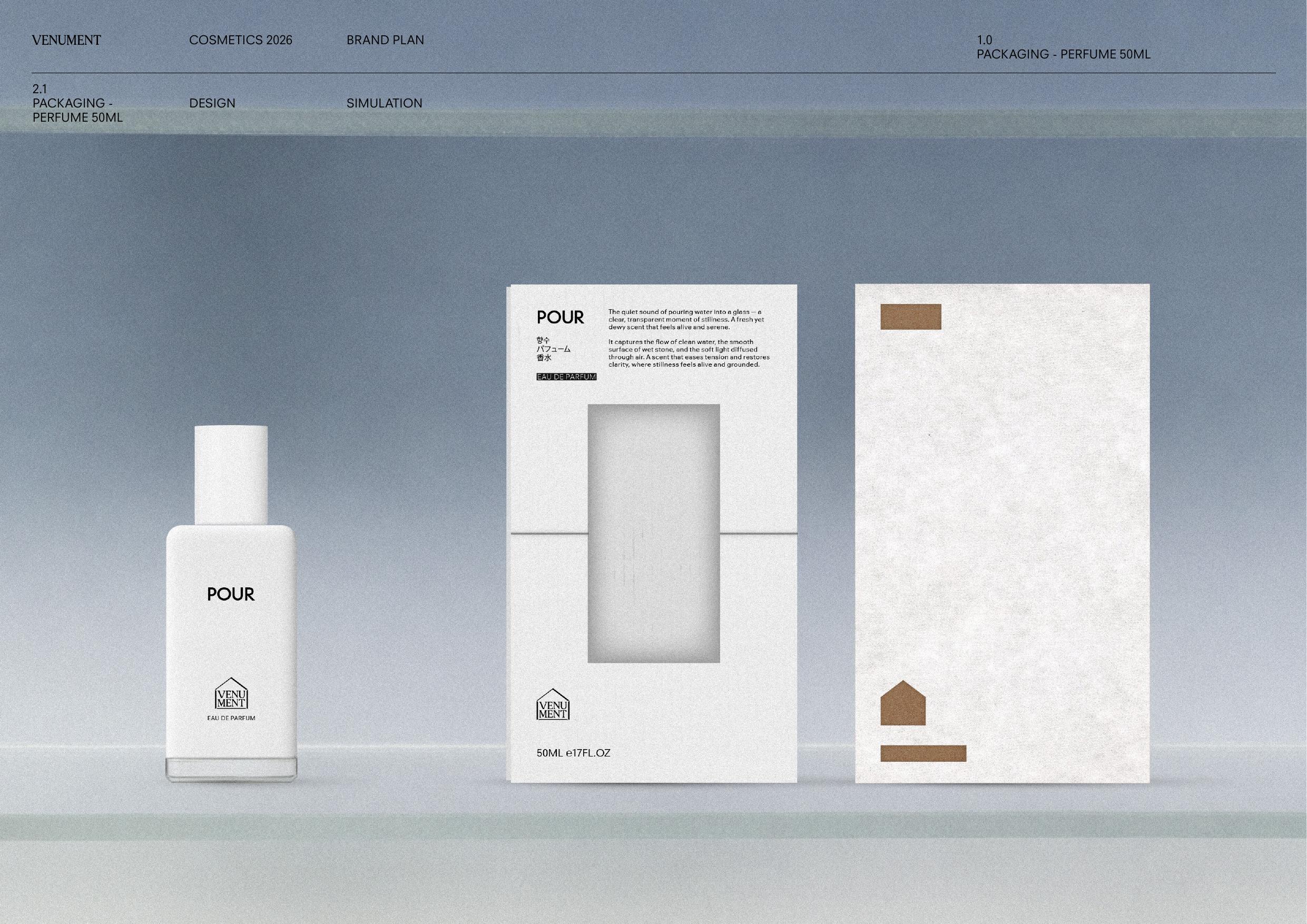 Packaging simulation — bottle, cutout window box, and inner insert